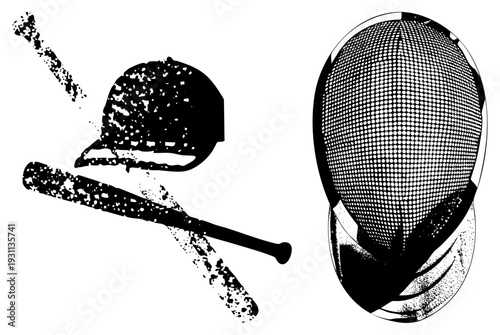 Classic baseball gear with distressed texture, fencing mask in dot, sport equipment vector, athletic gear illustration, black and white graphic design.