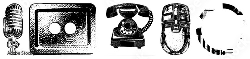 Retro tech including microphone, cassette, rotary phone, mouse, and belt buckle, rendered in halftone vector style, isolated for design use.