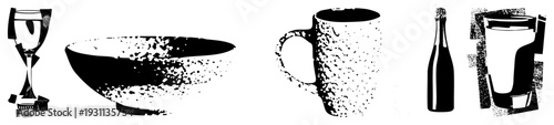 Retro style wine goblet, ceramic bowl, speckled mug, champagne bottle, and tumbler rendered in halftone dot, vector art, design, isolated kitchenware.