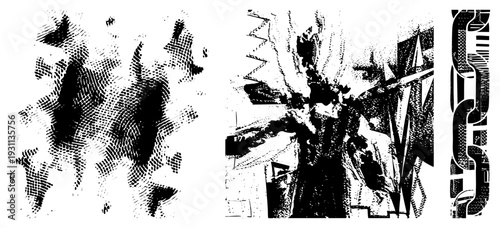 Bold black and white halftone design with abstract forms, geometric shapes, and textured, vector art with stark contrast and artistic composition.