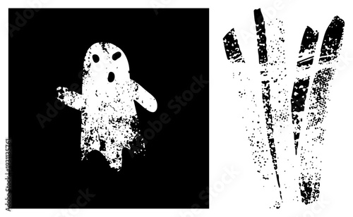 Distressed white ghost with oval eyes and open mouth, alongside spiky fungal growths, both rendered in halftone grit. Halloween decor, spooky vector art, eerie silhouette.