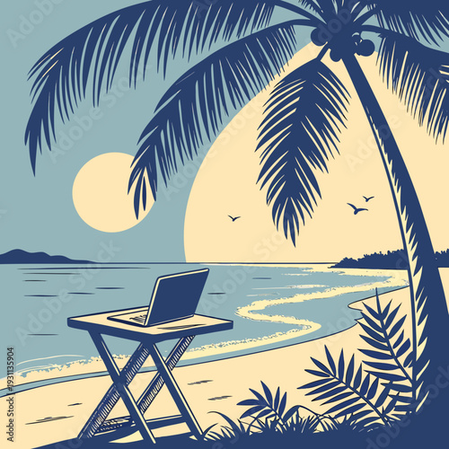 Remote Work Paradise: Envision a seamless fusion of work and leisure as a laptop sits poised on a beach, against the backdrop of a serene ocean and under a swaying palm tree.