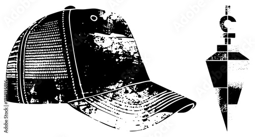 Worn trucker hat with mesh back and faded texture, paired with geometric fishing bobber, both in halftone style, vector art for branding or apparel.