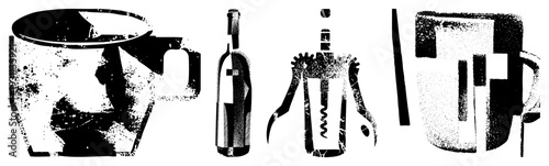 Stylized halftone print of wine bottle, corkscrew, and mugs, graphic, beverage, rustic vintage aesthetic, vector art.