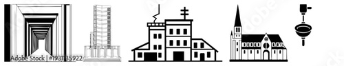 Black and white vector of tunnel, skyscraper, factory, church, and urinal minimalist urban symbols, architectural elements, cityscape motifs, graphic design assets.