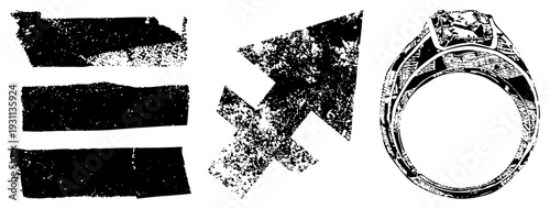Rough textured graphic symbols arrow, ring, and stripes. Vector art with gritty, distressed effect. Ideal for design or.