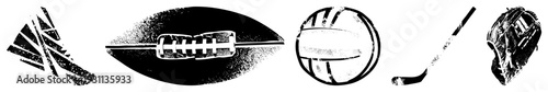 Classic sports equipment rendered in halftone style, including football, volleyball, hockey stick, baseball glove, and stick ideal for retro athletic branding or game design assets.