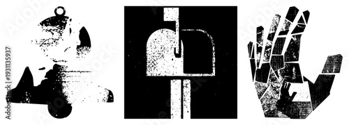 Distressed bell, retro mailbox symbol, fragmented hand mosaic vector art with gritty texture, graphic design elements, stylized symbols.