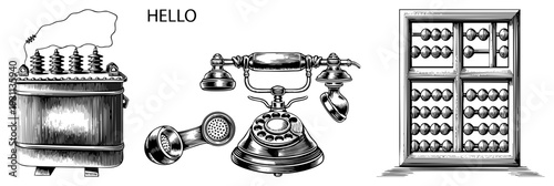 Antique rotary phone, electrical transformer with sparking wire, abacus framed in window, retro tech, historical gadgets, classic communication tools.
