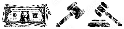 Vector of money, legal, and justice symbols with distressed texture, legal system, courtroom, financial tools, grunge aesthetic, black and white design.