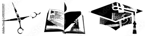 Graphic of scissors, open book, and graduation cap rendered in halftone style, educational and creative symbols, vector illustrations, black and white.