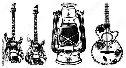 Stylized electric guitars, acoustic guitar with motif, classic oil lantern, halftone texture, retro music & campfire.