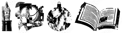Classic writing instrument, retro camera, festive ornament, open book with text stylized vector graphics,, textured, symbolic objects.