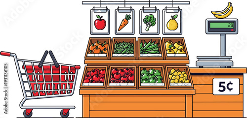 Vector illustration of a grocery store vegetable stall featuring fresh produce in crates, a shopping cart, digital weighing scale, and price tags.