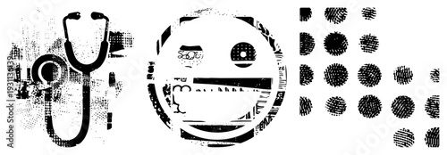 Stethoscope medical instrument, smiling face, halftone dot, graphic design elements, vector illustration, black and white, distressed texture, isolated foreground.