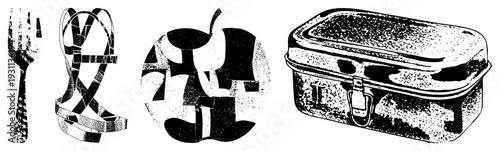 Classic halftone style fork, harness,, lunchbox, stylized objects, vector, retro graphic design.