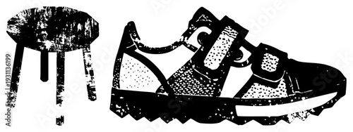 Retro stool with distressed texture and athletic sneaker with speckled, vector art, urban streetwear, isolated foreground elements.