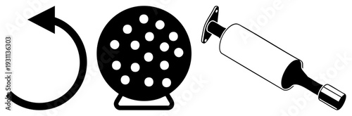 Circular food slicer with holes, curved arrow indicating rotation, cylindrical rolling pin with handle clean vector for culinary apps or UI design.