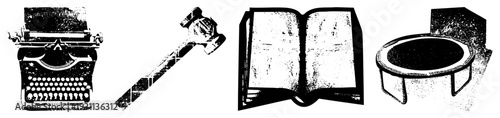 Retro typewriter with keys, judicial gavel, open book with pages, with springs items representing writing, law, knowledge, play.
