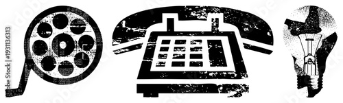 Retro symbols film reel, rotary phone, light bulb. Halftone texture, distressed vector graphics. Classic communication & creativity.