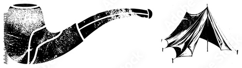 Retro pipe with textured bowl and curved stem, paired with pitched tent with fabric flaps, both rendered in halftone dot, isolated vector graphics for design use.