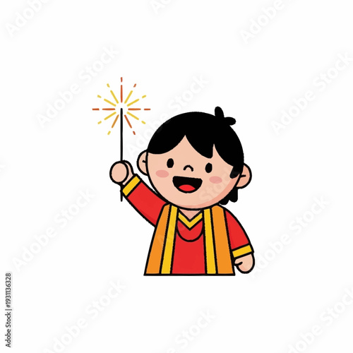 Happy Cartoon Child Holding Sparkler Firework.
