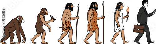 Vector illustration of human evolution from ape to primitive man and finally to a modern businessman with a smartphone and briefcase.