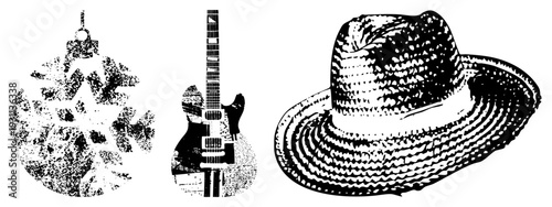 Black and white halftone vector snowflake ornament, electric guitar, wide brimmed straw hat. Stylized retro graphic design with textured and clean.