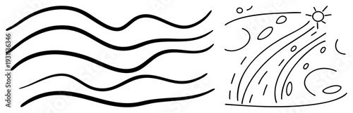 Minimalist black drawing of wavy water and rainy sky with sun, clouds, and raindrops, isolated vector graphic, sketch style, weather set.