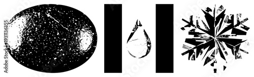 Stylized oval with speckled texture, isolated droplet with halftone shading, fractured starburst, vector art, graphic design elements.