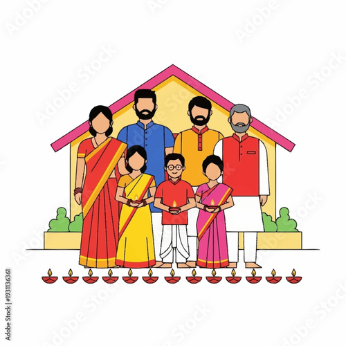 Indian Family Standing Together in Traditional Clothing.