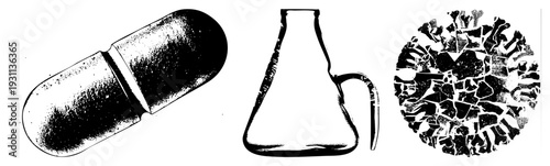 capsule, scientific lab glassware, biological cell, medical science tools, scientific research equipment.