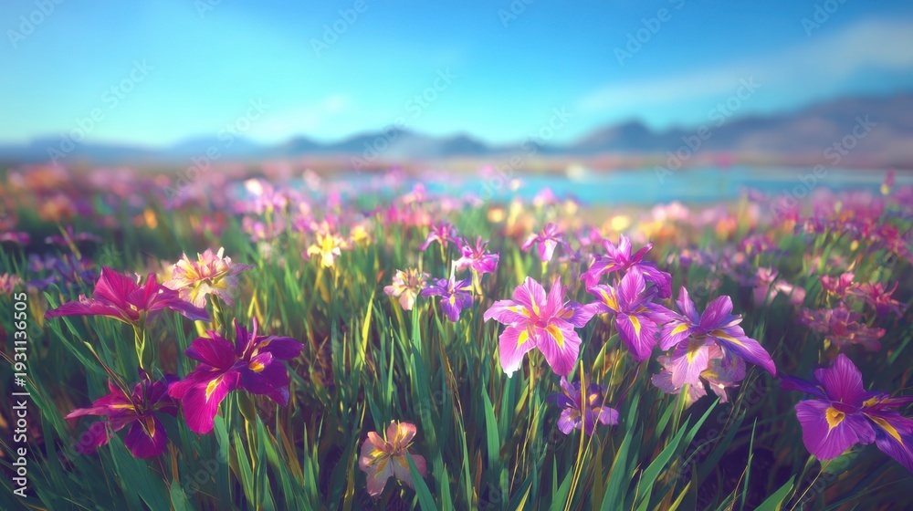 Obraz premium A vibrant field of blooming irises under a clear blue sky
