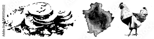 Stylized halftone crab with claws, textured, and feathered rooster, all in vector art, isolated cutout design for graphic use.