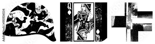 Queen of Spades card featuring ornate regal design, vintage playing card art, distressed halftone print, classic casino deck, antique card illustration.