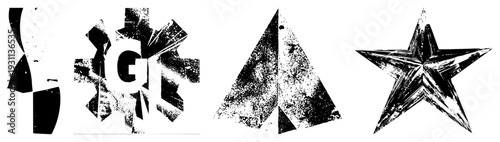 Distressed black and white vector with gritty texture, abstract shapes, stylized letterforms, star motif, graphic design elements, isolated symbols.