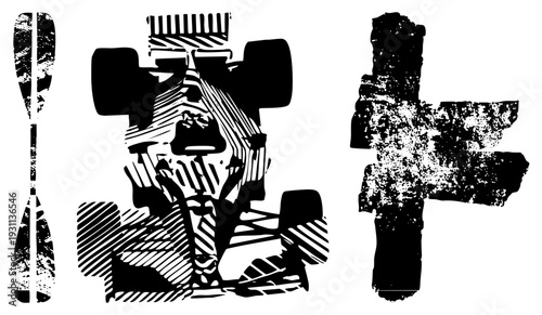 Graphic featuring a paddle, race car, and symbol, rendered in bold black with textured white strokes, isolated vector art, halftone inspired design, sport and navigation themes.