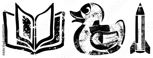 Open book, rubber duck mascot, ship symbol all rendered in distressed black and white vector art with halftone texture, ideal for retro branding or educational design.