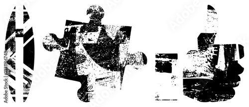 Abstract puzzle pieces arranged to form a thumbs up, halftone texture, graphic, symbolic gesture, approval motif, vector illustration, isolated elements.