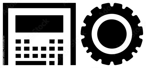 Digital calculator with keypad and display, mechanical gear symbol, tech interface, computational tool, settings, math device, system configuration.