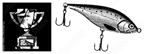 Black and white halftone fishing lure with treble hooks and trophy cup, graphic design elements, vector illustration, fishing gear, competition symbol.