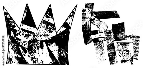 Stylized crown silhouette with textured halftone, abstract geometric blocks, vector art, design, graphic composition, bold shapes, digital illustration.