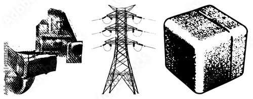 Vector illustrations of power transmission tower, mechanical gear assembly, and textured cube block. Technical industrial elements rendered in halftone style with isolated foregrounds.
