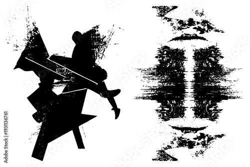 Black silhouette of musician playing violin with star shaped base, paired with glitched human face, stylized art, graphic design, digital distortion, composition.