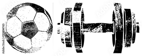 Football soccer ball with pentagon and dumbbell weight, halftone textured vector graphics, sport fitness symbols, black and white stencil design.