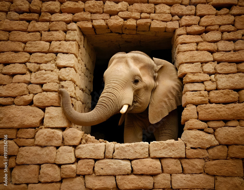 An elephant is peeking out of a collapsed wall in the backdrop. The wall is quite attractive and adds different colors to the space. It will serve as a focal point for the interior and enlarge it.
