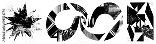 Black and white stylized shapes with distressed textures, halftone fills, and fragmented geometry, ideal for graphic design or art projects.