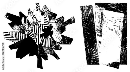 Fragmented geometric shapes with halftone, abstract collage, graphic design elements, black and white vector art, stylized explosion motif.