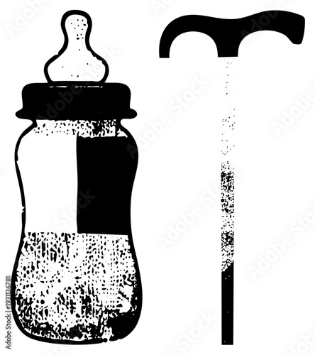 Black and white vector silhouettes of baby bottle and cane, halftone texture, isolated objects, medical aid, infant feeding, mobility support.