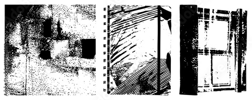 Stylized building facades rendered in halftone dot and hatching, abstract urban structures, graphic architecture, vectorized textures, composition.